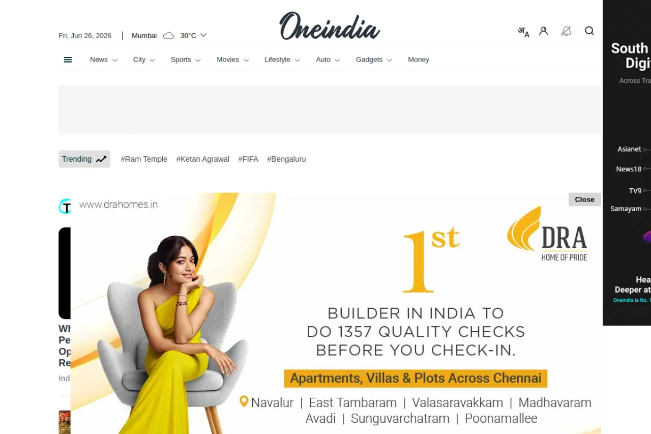 oneindia.com web sitesi ekran görüntüsü - Haber - DA 84