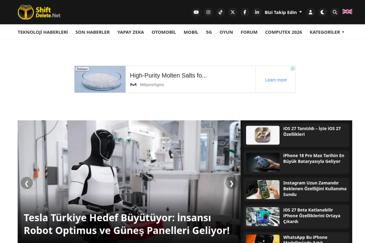 shiftdelete.net web sitesi ekran görüntüsü - DA 60