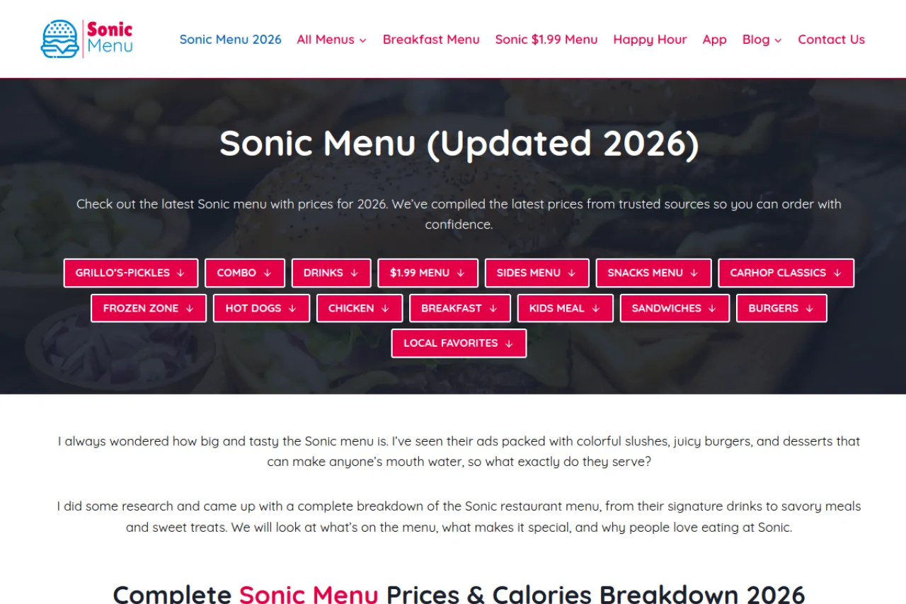 sonicmenuusa.com web sitesi ekran görüntüsü - DA 40