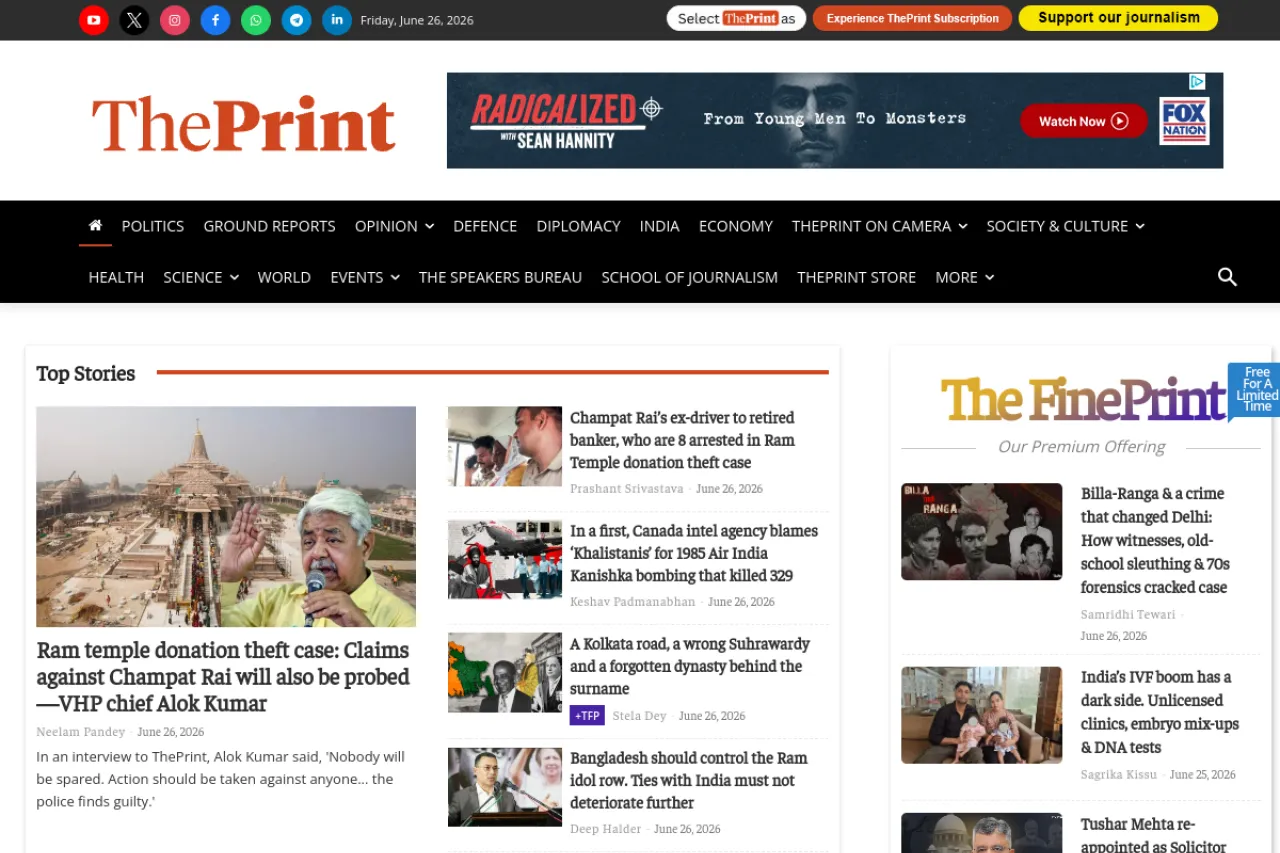 theprint.in web sitesi ekran görüntüsü - Haber - DA 80