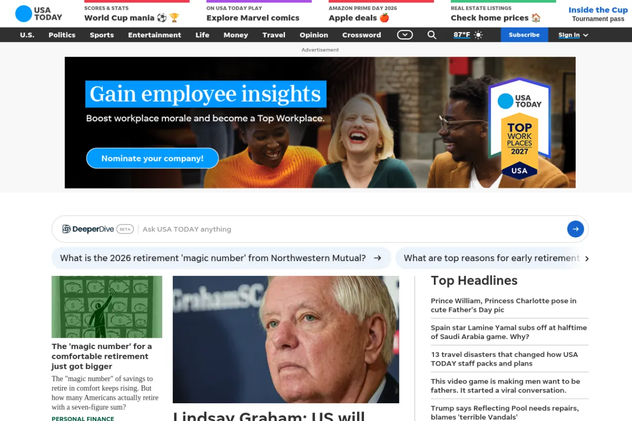 USA Today (Nofollow option) web sitesi ekran görüntüsü - Haber - DA 94